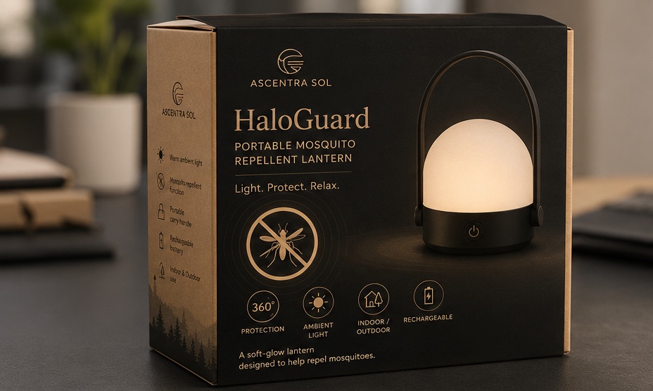 The HaloGuard portable mosquito repellent lantern in its black and kraft retail box, photographed on a dark surface.