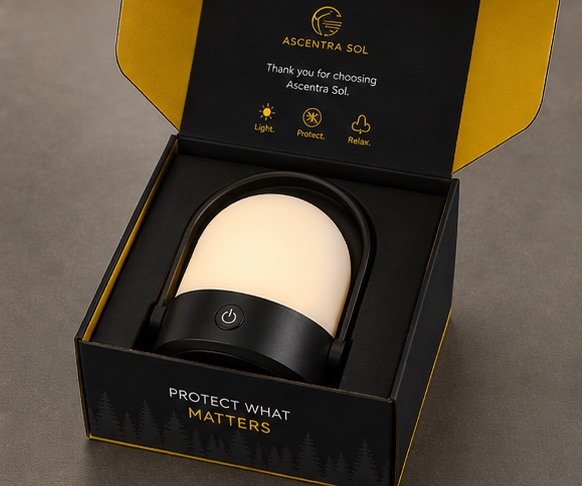 A HaloGuard lantern glowing warmly inside its opened black and gold gift box.