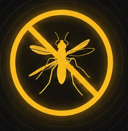The HaloGuard 360° repellent symbol: a mosquito inside a glowing gold prohibition ring.